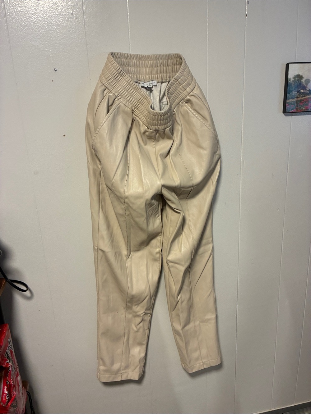 Women’s Cream Faux Leather Jogger Trousers